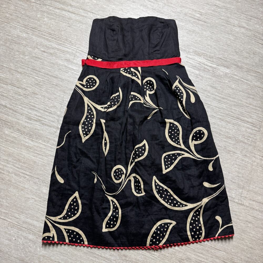 Anthropologie Black Strapless Midi Dress with Cream Leaf Print and Red Accents